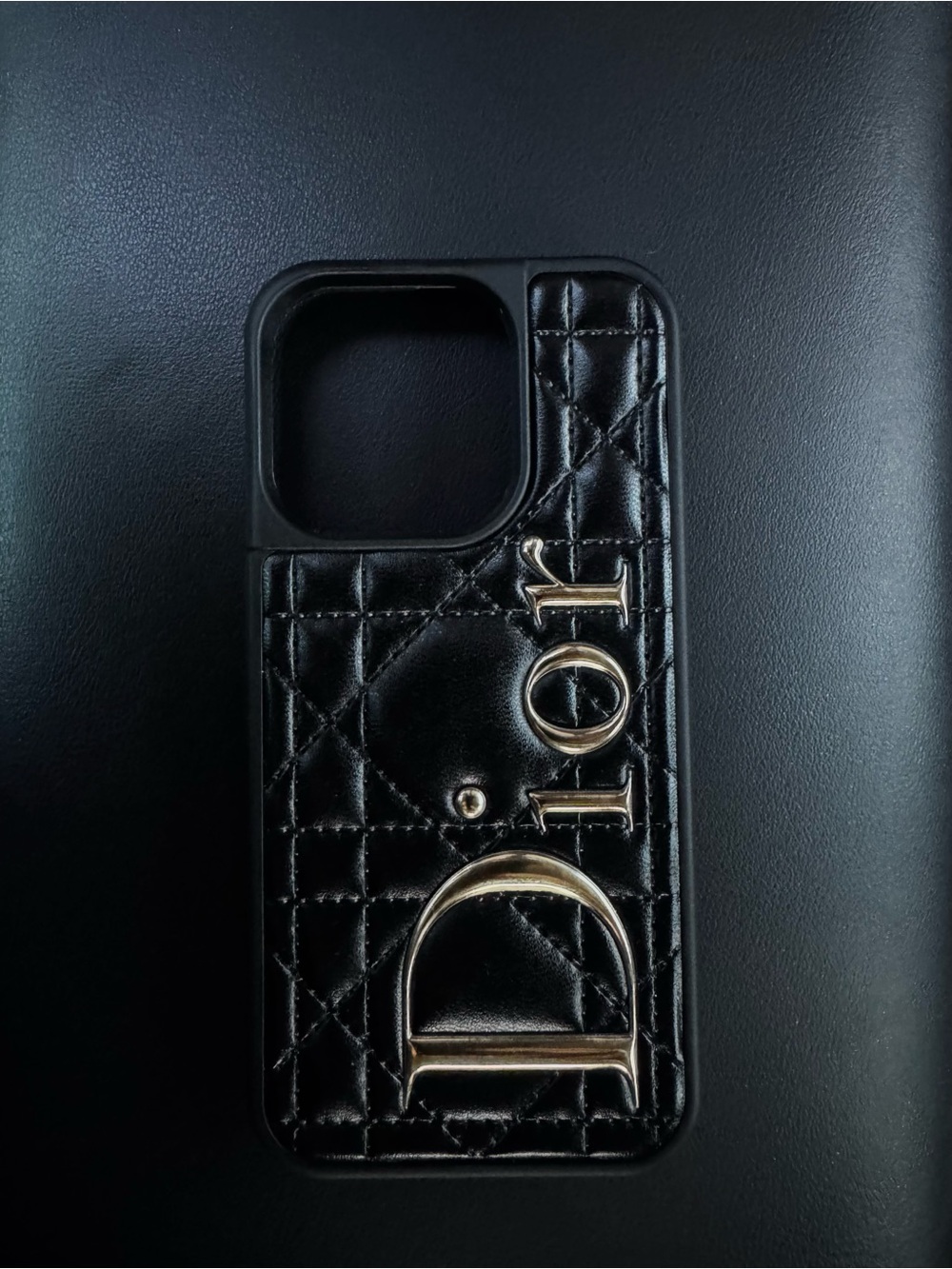 Black Quilted Leather iPhone Case with Silver Dior Letters. (message size)